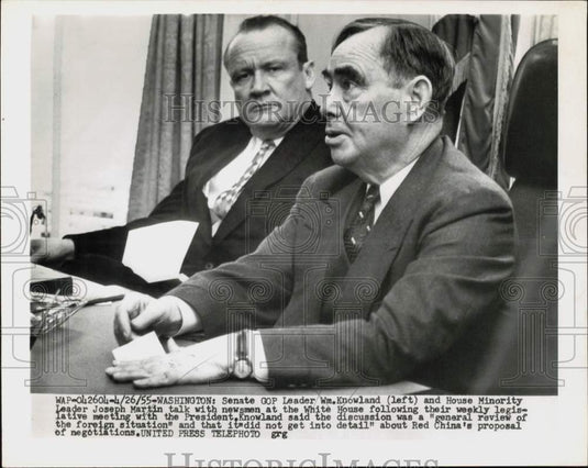 1955 Press Photo GOP leaders William Knowland, Joseph Martin talk with press, DC- Historic Images