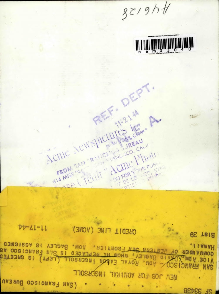 1944 Press Photo Adm Royal Eason Ingersoll & Vice Adm David Bagley in San Fran