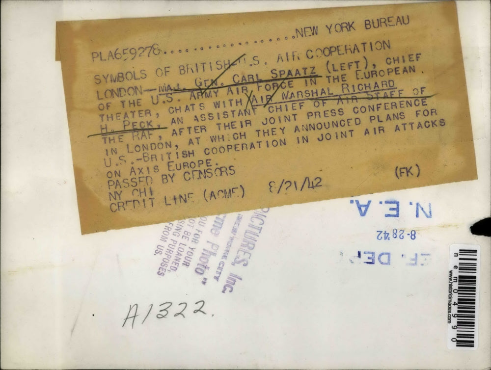 1942 Press Photo Maj.Gen.Carl Spaatz, Chief of US AAF in Europe and Richard Peck