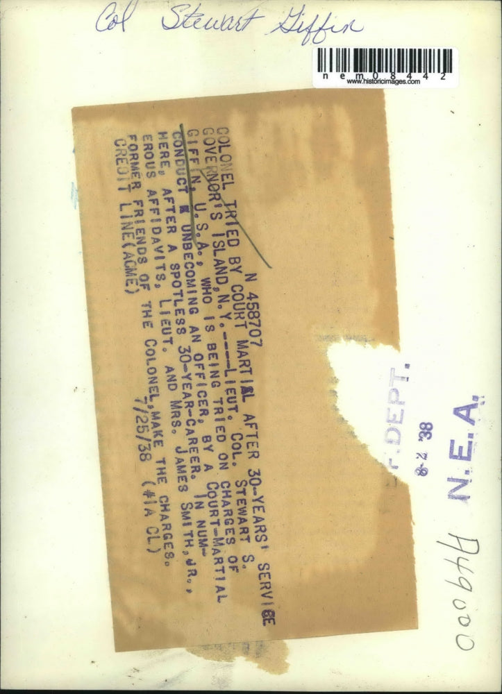 1938 Press Photo Lieut. Col. Stewart S Giffin, unbecoming officer trial in NY