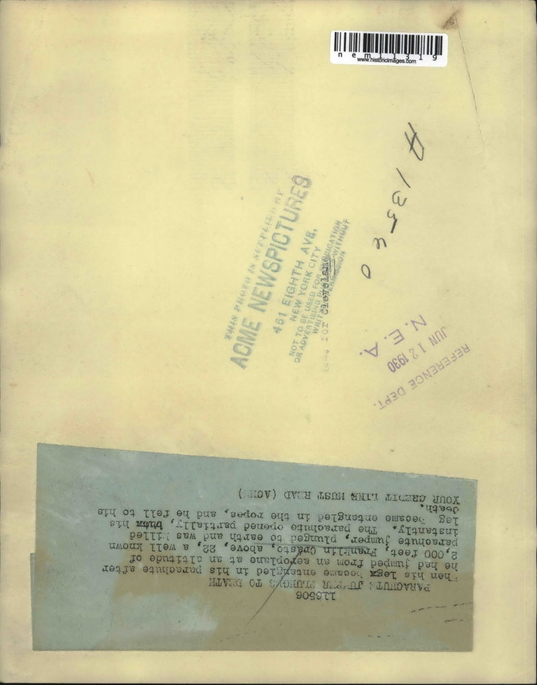 1930 Press Photo Franklin Crasto, parachutist fell to his death - nem11319