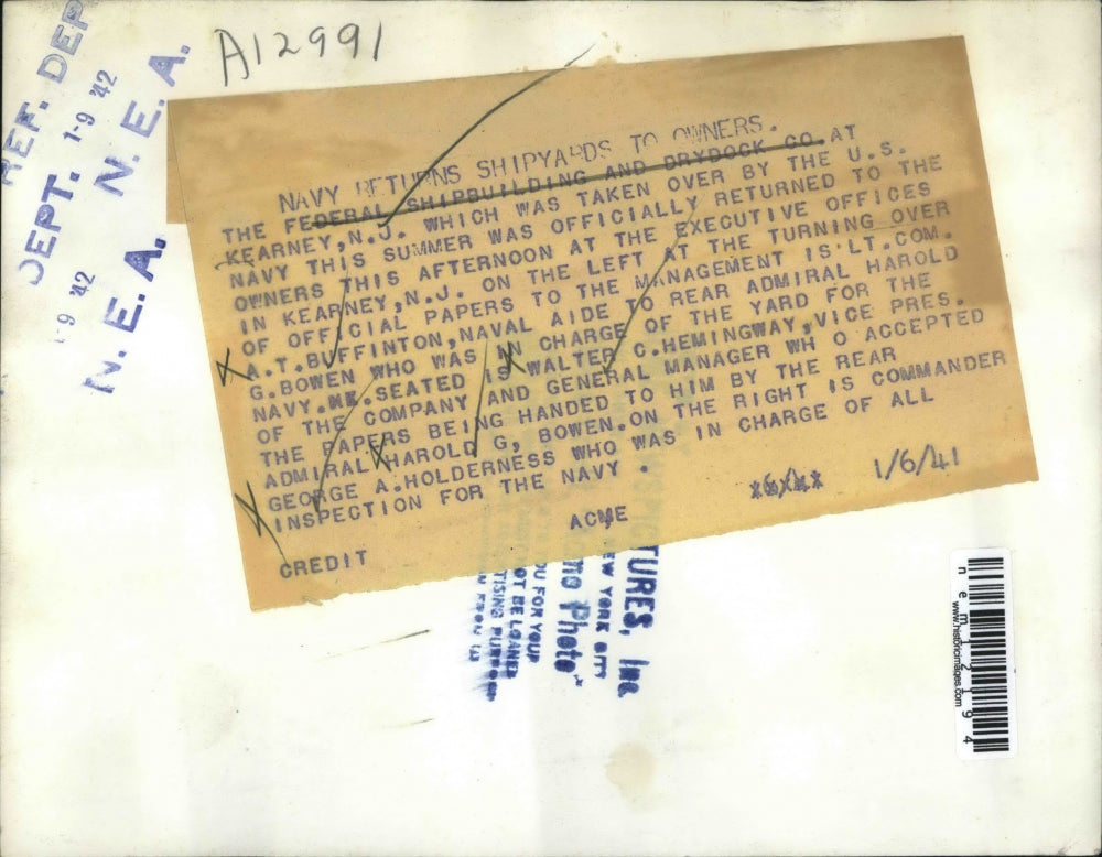 1941 Press Photo Lt Com. Buffington,WC Hemingway,R Adm Bowen, Cmdr Holderness