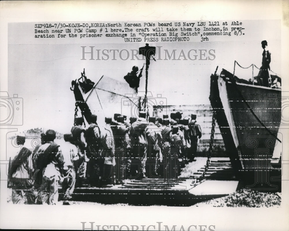 1953 Press Photo N. Korean POWs board US Navy vessel for prisoner exchange- Historic Images