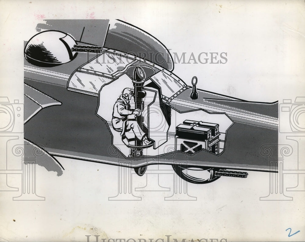 1945 Press Photo cut-away drawing of a man using the G-E system for A-26 gunfire- Historic Images