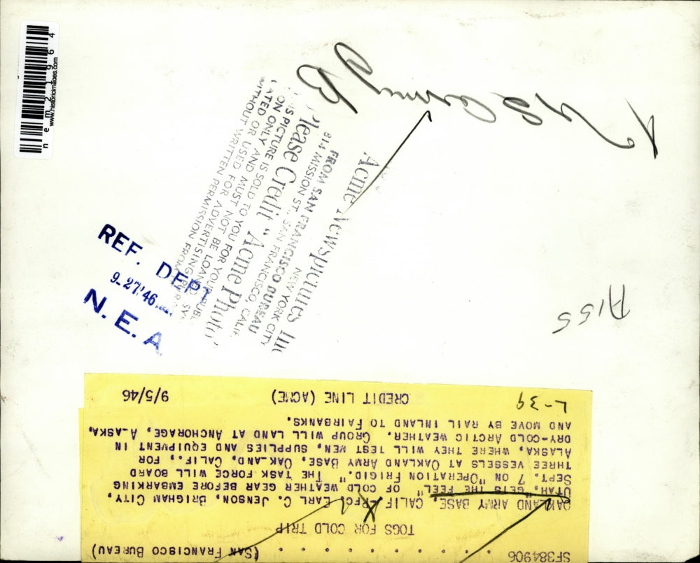 1946 Press Photo Pfc. Earl C. Jenson in Cold Weather Gear before embarking.