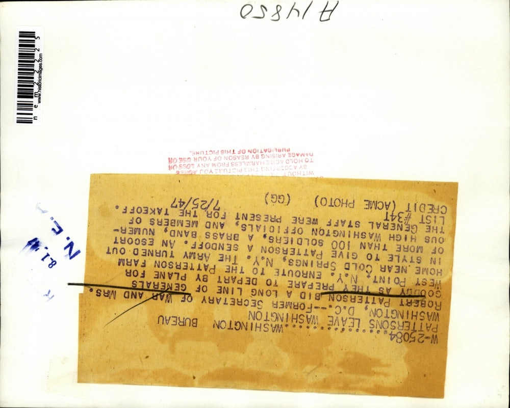 1947 Press Photo Former Sec of War Robert Patterson and wife leaving Washington