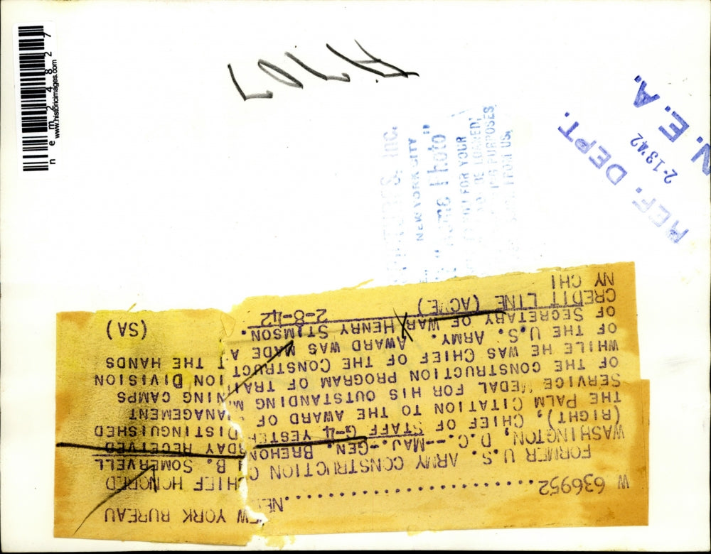 1942 Press Photo Maj.Gen. Brehon B.Somervell received the Pal,m Citation award.