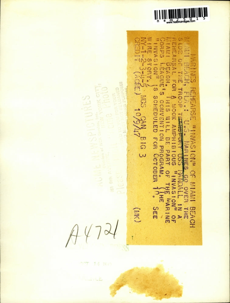 1947 Press Photo Miami Beach, Fla. US Marines on transport USS Randall manuevers