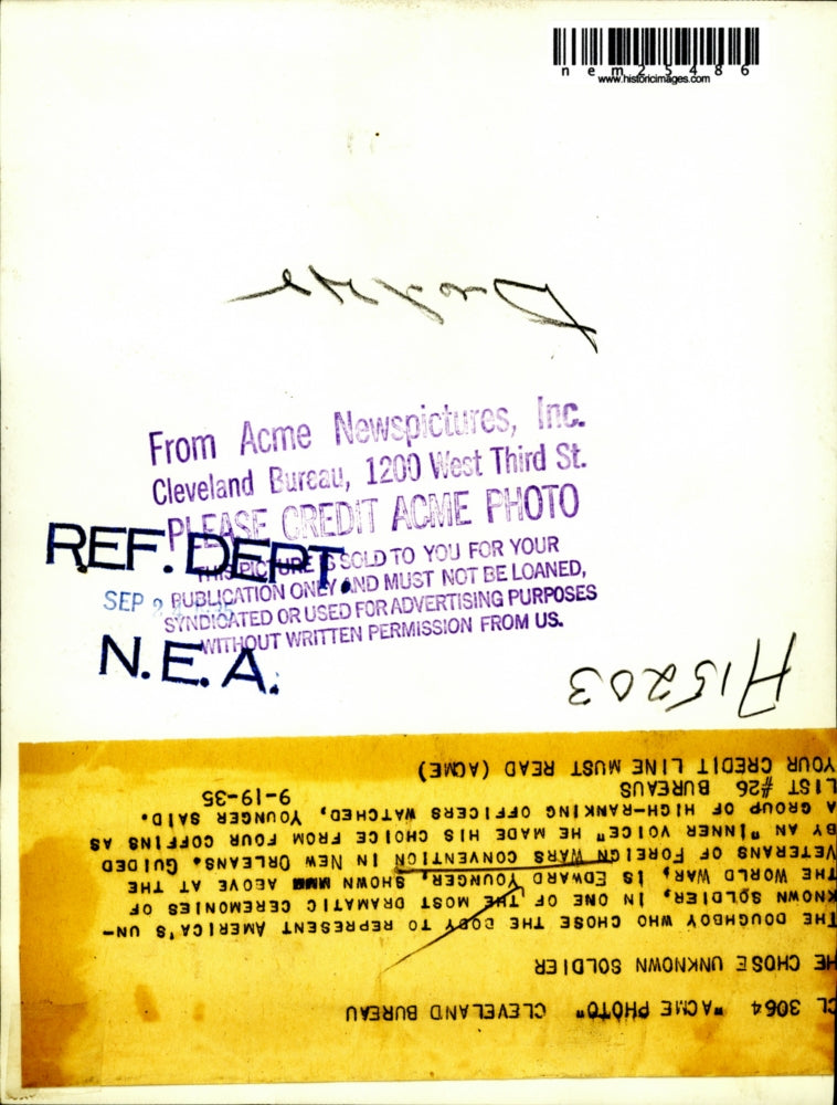 1935 Press Photo Edward Younger chose to represent American Unknown Soldiers