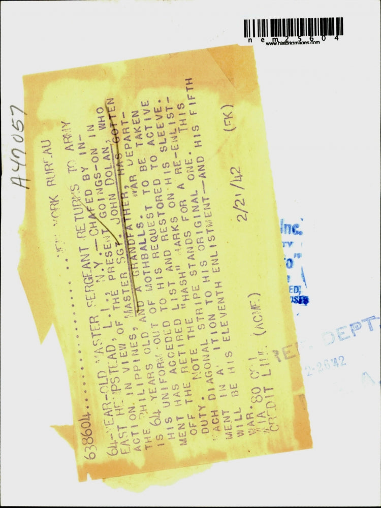 Load image into Gallery viewer, 1942 Press Photo E Hempstead, NY M/Sgt John Dolan, restored to active duty at 6
