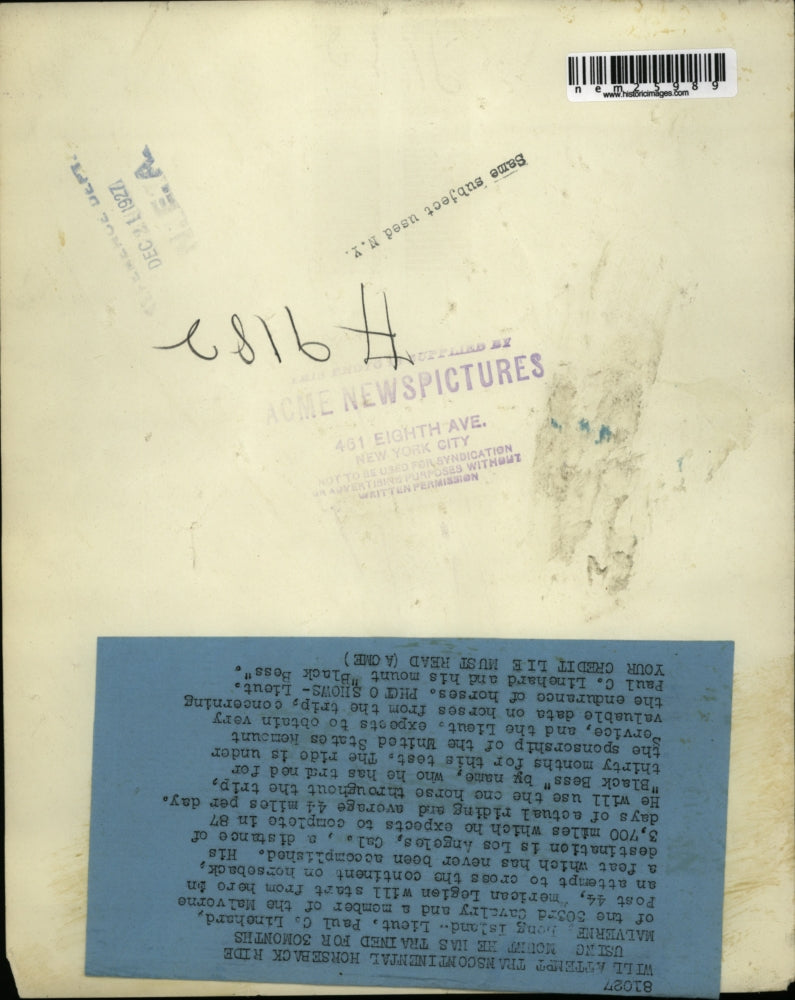 1927 Press Photo Lt Paul Linehard & mount Black Bess cross the USA