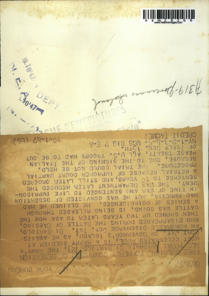 1947 Press Photo Ft Jay, NY Michael Di Bartolo, Army AWOL soldier discharged