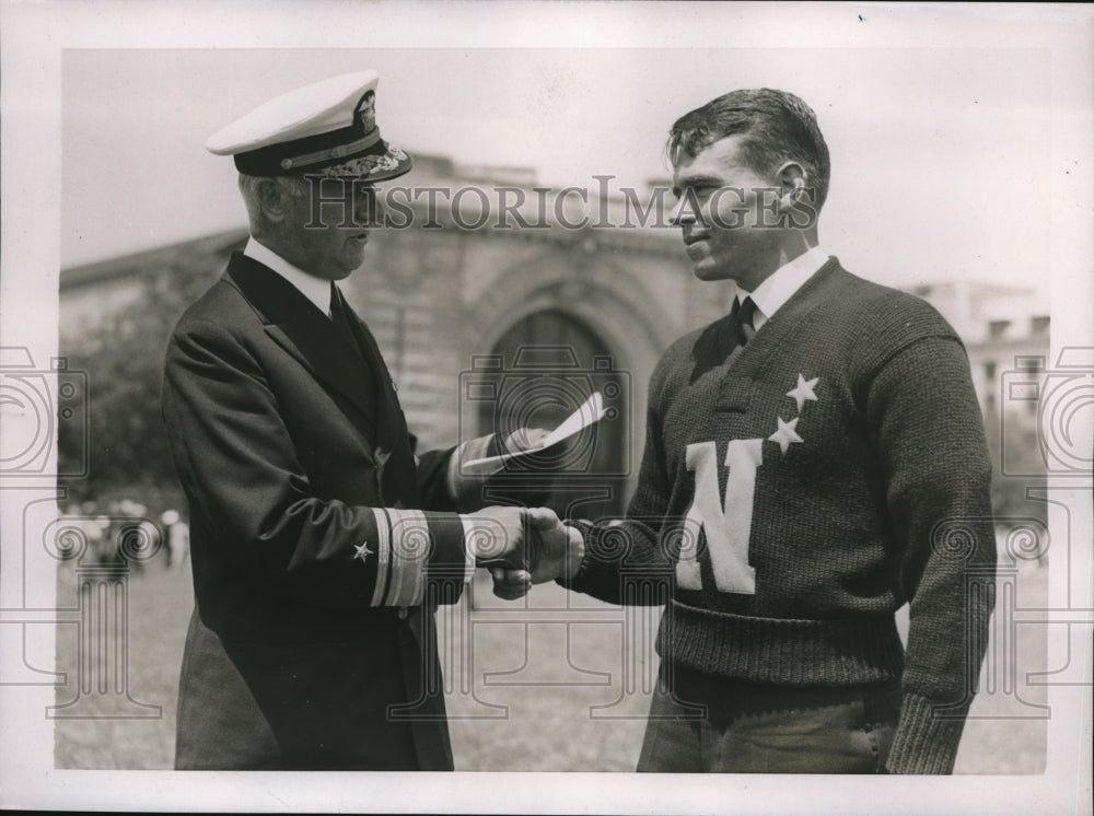 1937 Press Photo Adm.Davis Foote Sellers congratulate Navy's Football Captain.