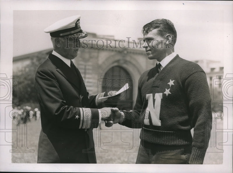 Load image into Gallery viewer, 1937 Press Photo Adm.Davis Foote Sellers congratulate Navy's Football Captain.
