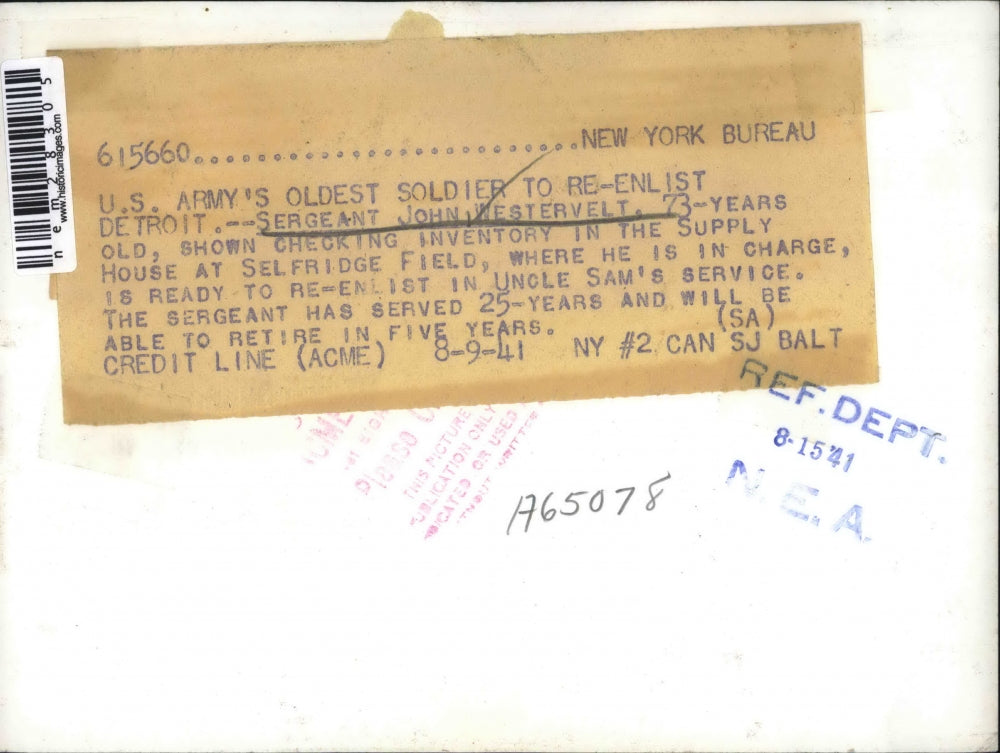 1941 Press Photo Amry's oldest reelisted Sgt J Westervelt, age 73, Detroit, Mich