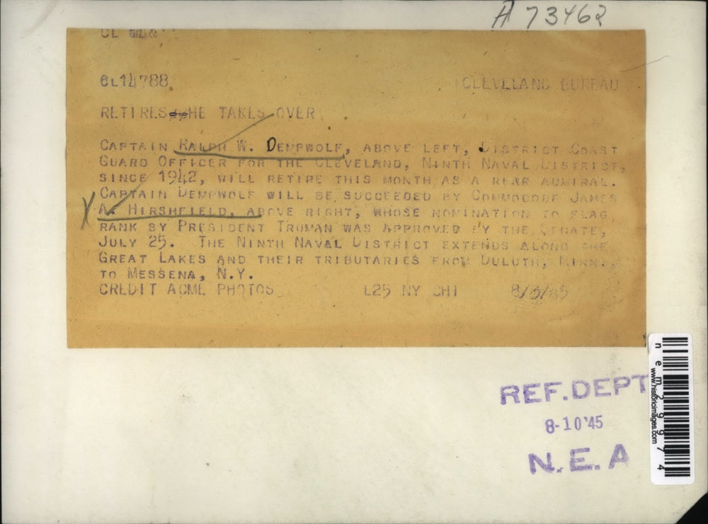 1945 Press Photo Capt. Ralph W.Dempwolf and Commodore James A. Hirshfield.