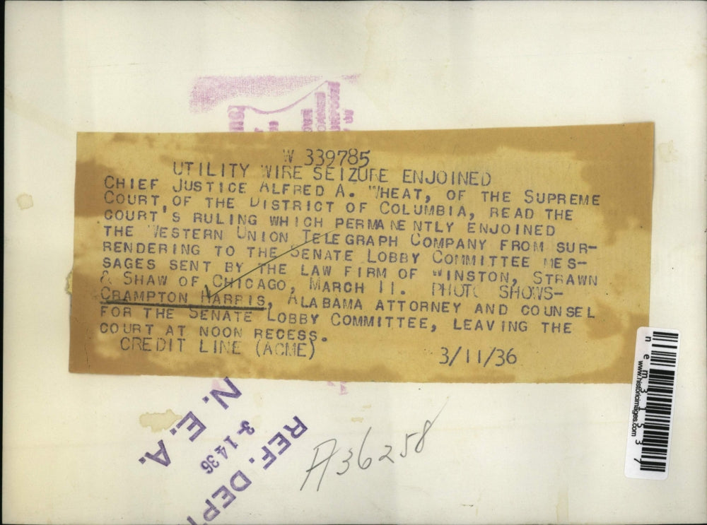 1936 Press Photo Crampton Harris Alabama atty for Senate Lobby Committee