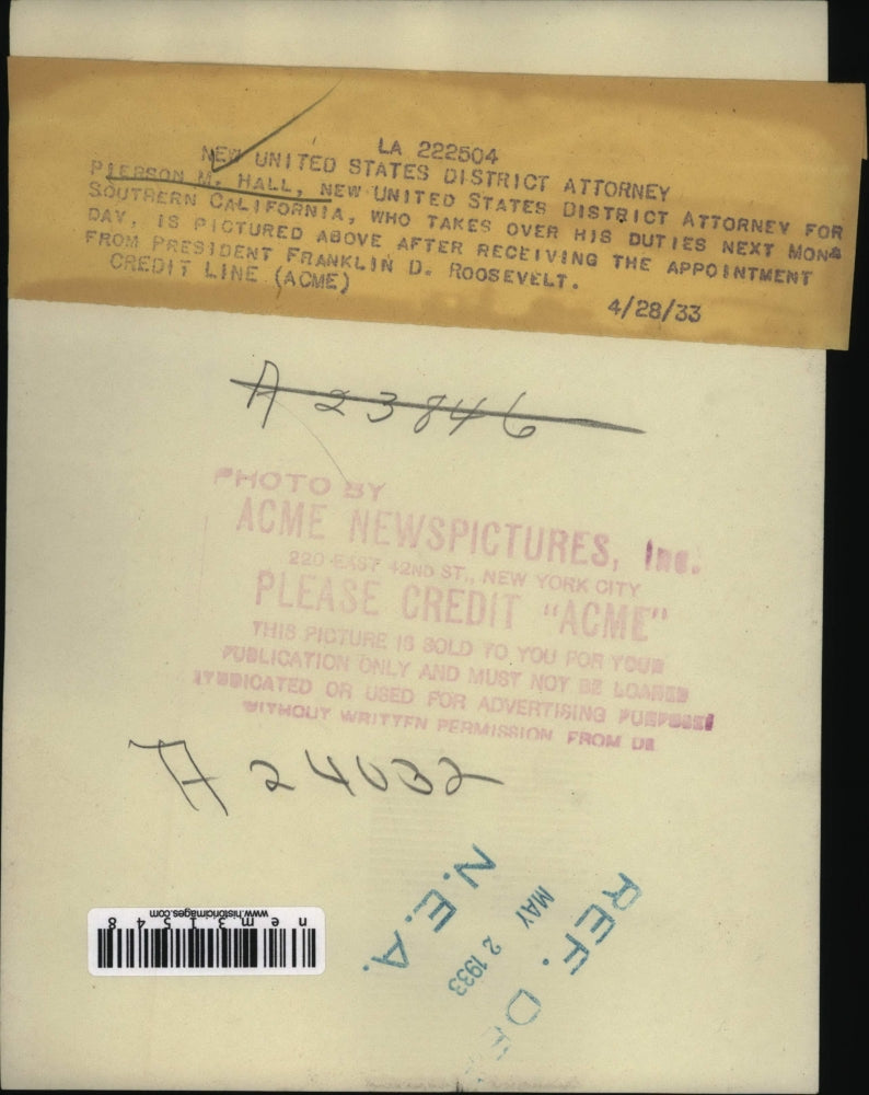 1933 Press Photo Pierson Hall US District Attorney for Southern California