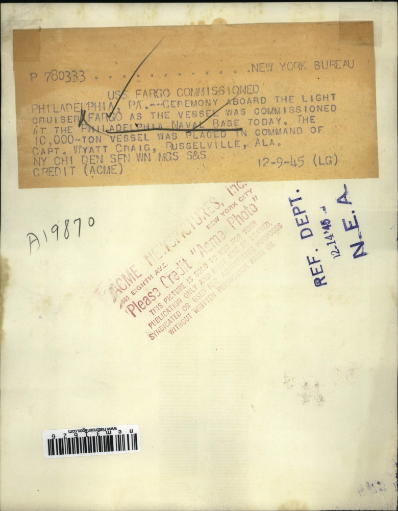 1945 Press Photo Philadelphia Naval base commissions ship Fargo - nem31626