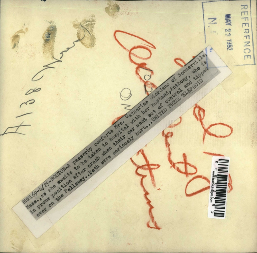 1952 Press Photo Mrs Catherine Giordano & husband injured at Boston car crash