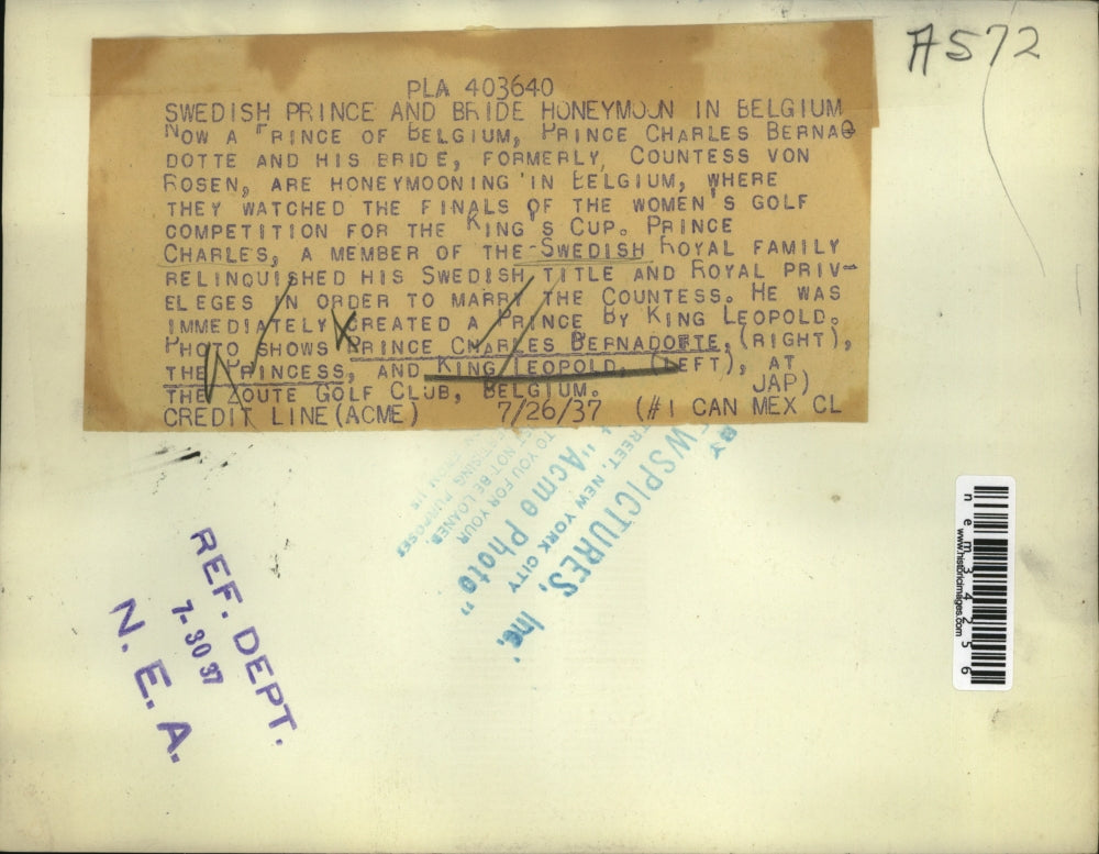 1937 Press Photo Charles Bernadotte the Princess & King Leopold at Golf Club