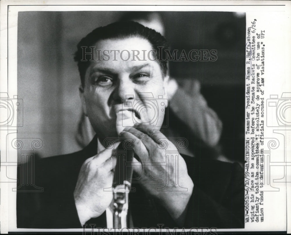 1959 Press Photo Teamster James Hoffa Shown as He Appeared Before Sen Rackts