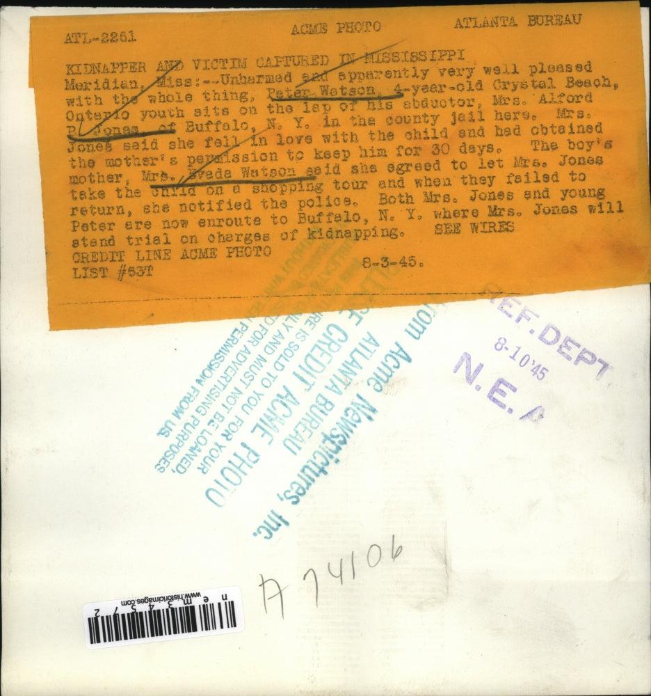 1945 Press Photo Kidnapper and Victim Captured in Mississippi - nem34572