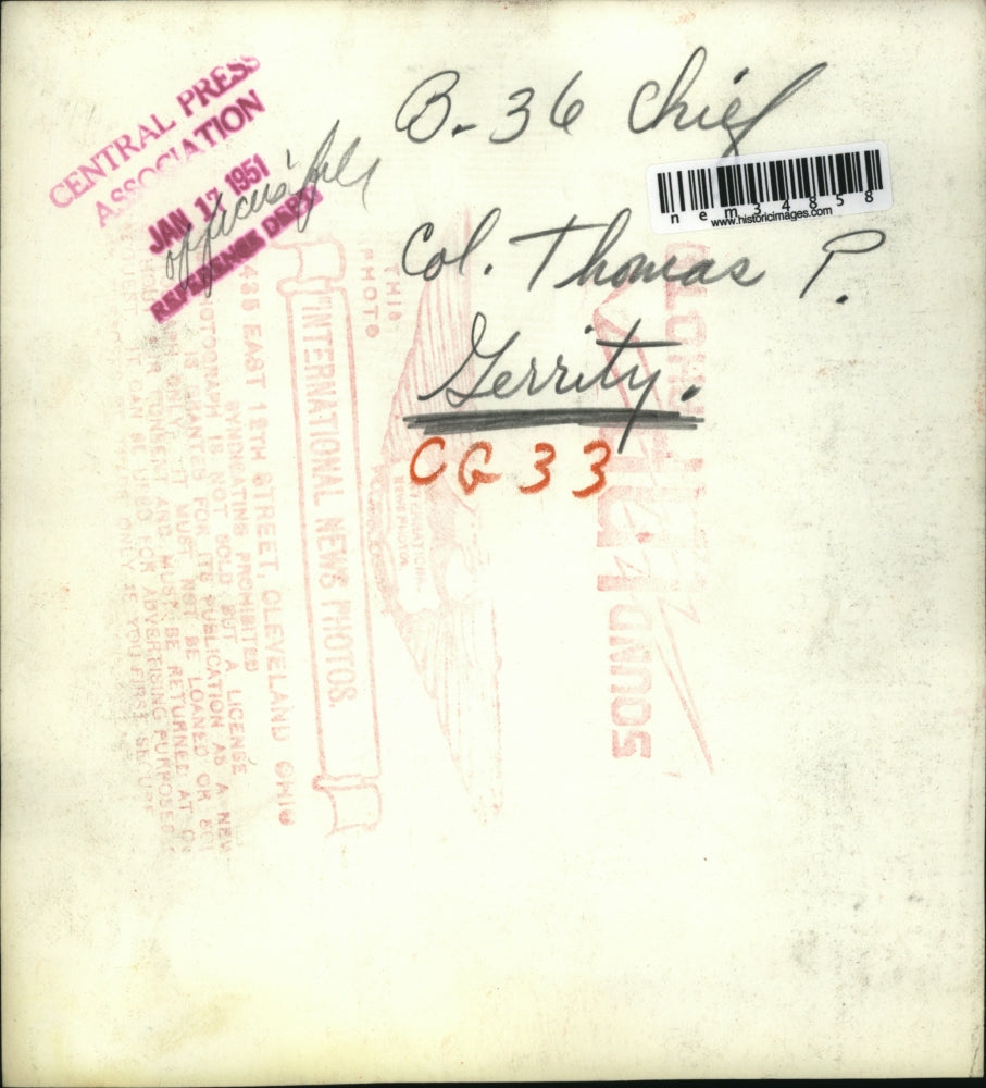 1951 Press Photo Col Thomas P Gerrity - nem34858