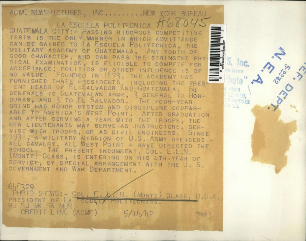 1942 Press Photo Guatemala City La Escuela Politecnica miltary school
