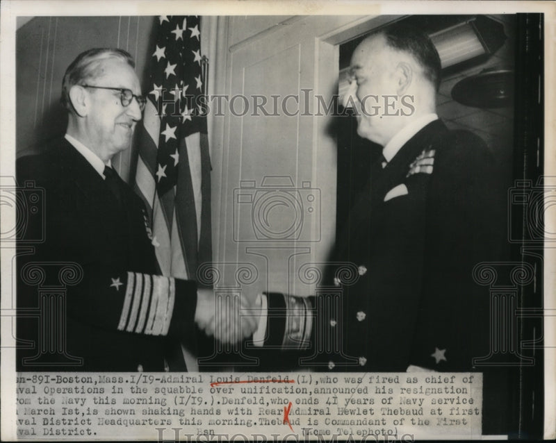 Load image into Gallery viewer, 1950 Press Photo Boston MA Adm Louis Denfeld &amp; Rear Adm Hewlet Thebaud
