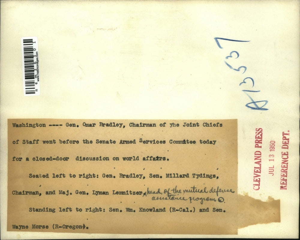 1950 Press Photo DC Gen Omar Bradley, Senated Armed Services committee