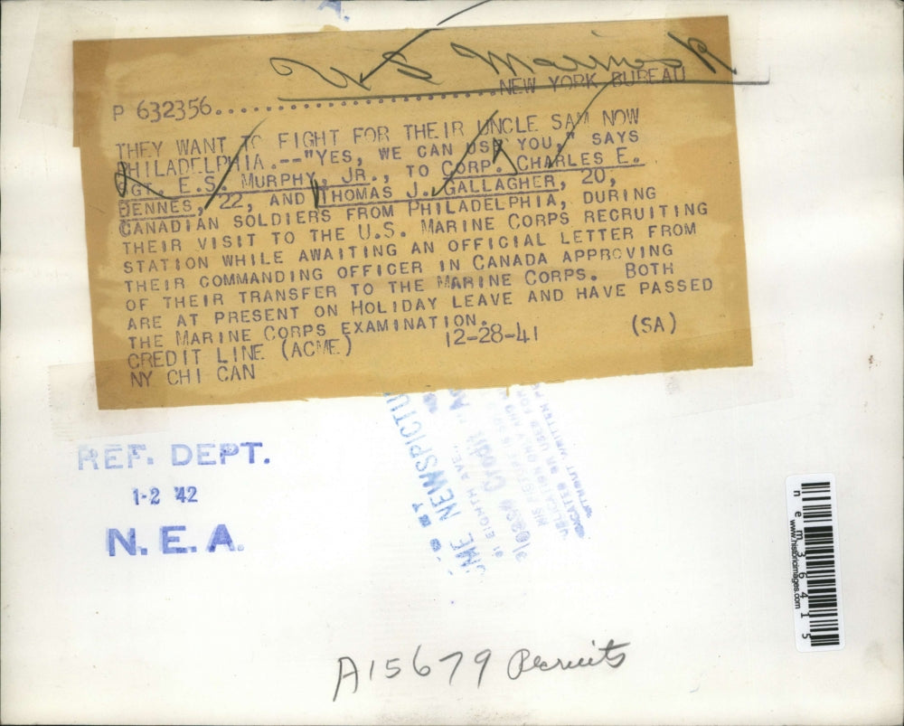 1941 Press Photo Philadelphia Marine Sgt ES Murphy, Cpl Charles Dennes