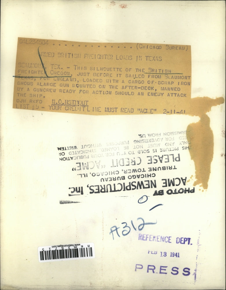 1941 Press Photo British Freighter Oregon Sails from Blaumont, TX w/ Scrap Iron