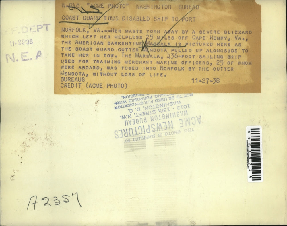 1938 Press Photo US Barkentine Massala Towed by Coast Guard Cutter Mendota