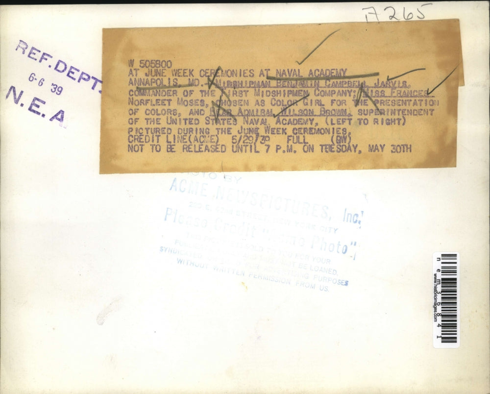 1939 Press Photo Annapolis MD Midshipman Ben C Jarvis, at June Week ceremony