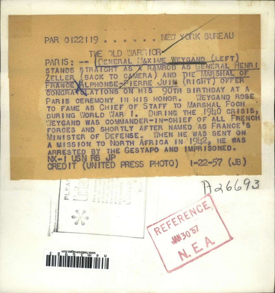 1957 Press Photo Paris Gen Maxime Weygaud, Gen Henri Zeller & Marshal Juin