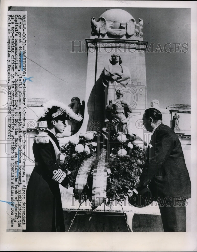1951 Press Photo DC Columbus monument & Duke of Varagua descendent of Columbus