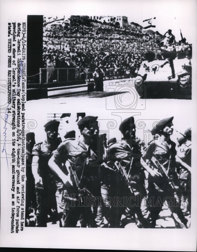 Load image into Gallery viewer, 1956 Press Photo Haifa Israel Tanks &amp; troops observe Independence Day
