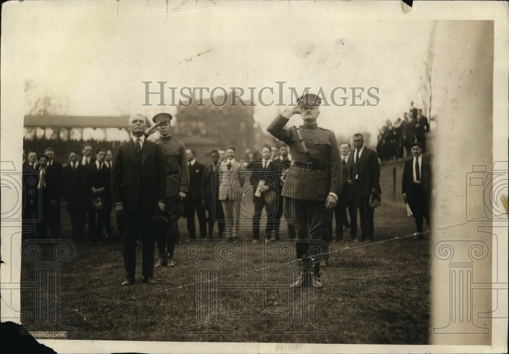 1921 Press Photo Clark C Griffith & Gen Pershing salute the colors at ceremony