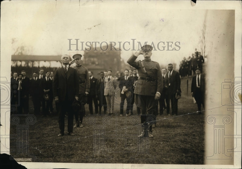 Load image into Gallery viewer, 1921 Press Photo Clark C Griffith &amp; Gen Pershing salute the colors at ceremony
