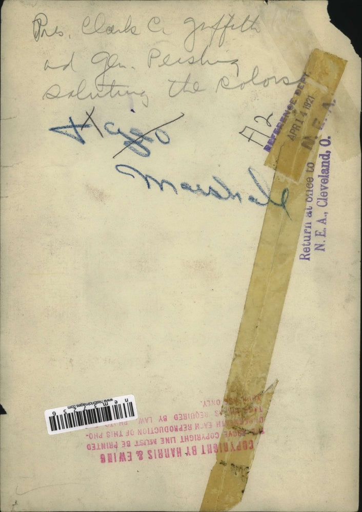 1921 Press Photo Clark C Griffith & Gen Pershing salute the colors at ceremony