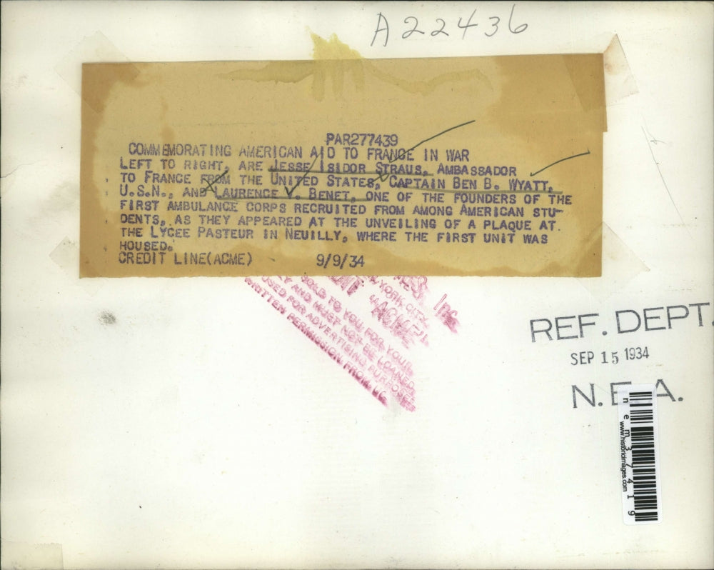 1934 Press Photo Jesse Straus Capt Ben Wyatt& Laurence Benet at ceremony