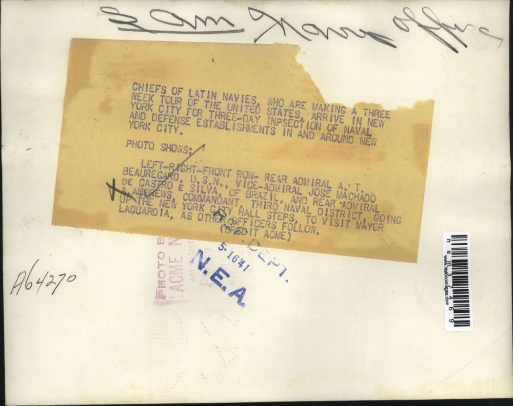 1941 Press Photo Chiefs of Latin Navies Arrive in New York for inspection tour