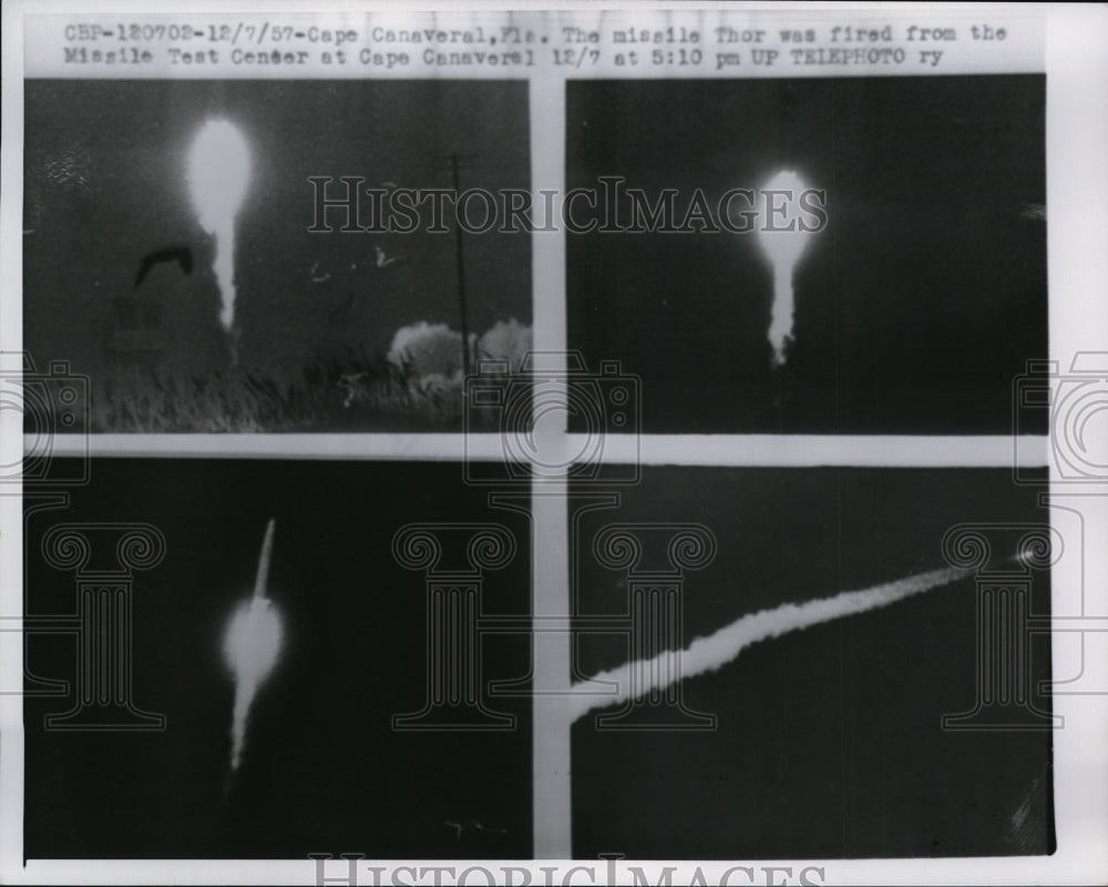 1957 Press Photo Thor missile test launch at Cape Canaveral Florida - nem37586