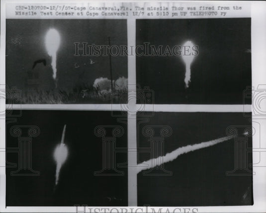 1957 Press Photo Thor missile test launch at Cape Canaveral Florida - nem37586