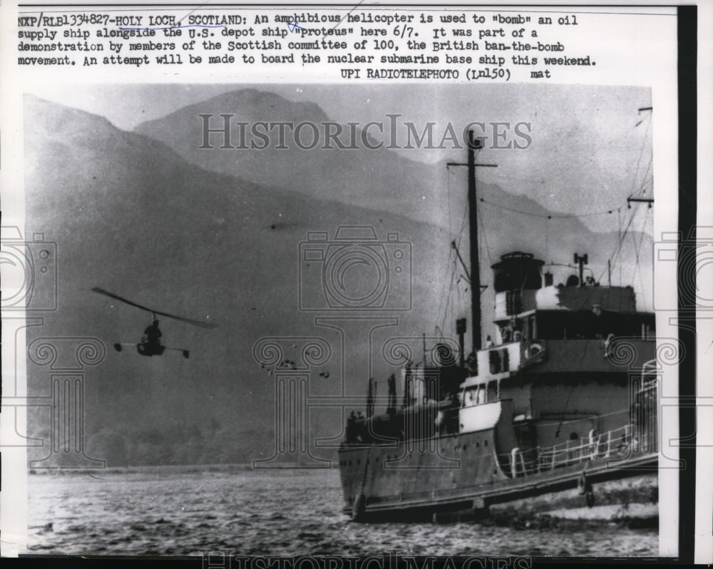 1962 Press Photo US Ship Proteus &quot;Bombed&quot; in Demonstration, Holy Loch, Scotland- Historic Images