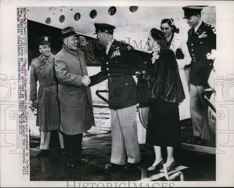 Load image into Gallery viewer, 1953 Press Photo Gen &amp; Mrs James Van Fleet Greeted by Charles E Wilson
