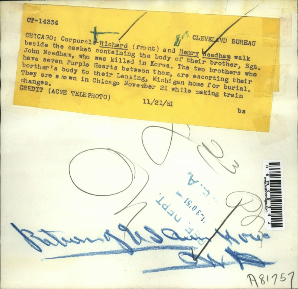 1951 Press Photo Corp Richard & Henry Needham Walk Beside Their Brothers Coffin