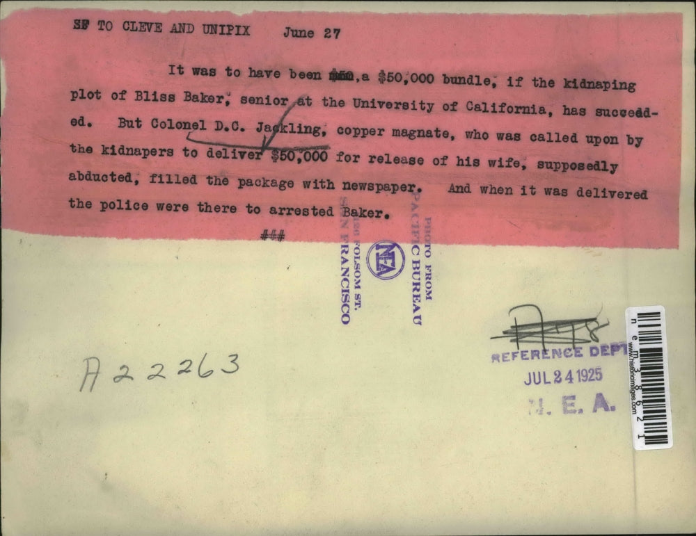 1925 Press Photo $50,000 Bundle For Kidnapping Plot of Bliss Baker to Succeed