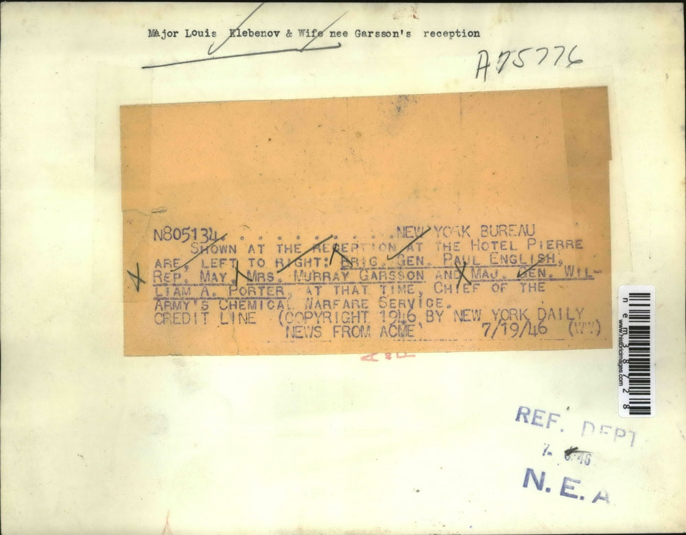 1946 Press Photo Maj Gen William Porter at Hotel Pierre Reception - nem38728